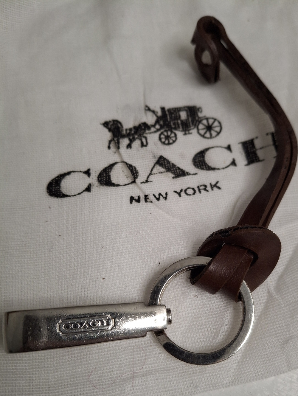 Coach Brown Leather Knot Key Ring with Silver-Tone Hardware